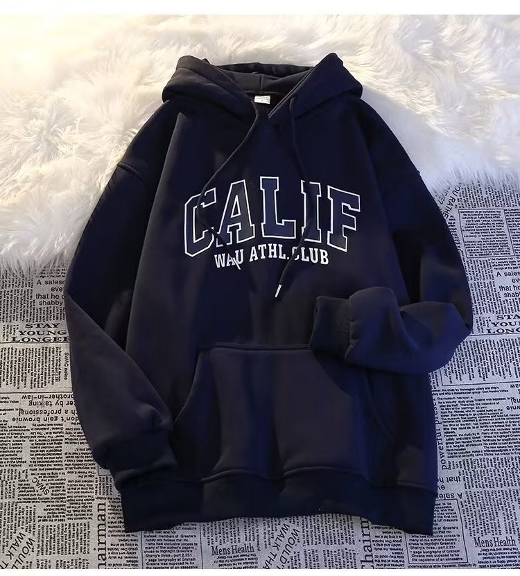 Autumn Winter Thick Fleece Hoodie Men Oversize Korean Loose Letter Sweatshirt Navy blue - Image 1
