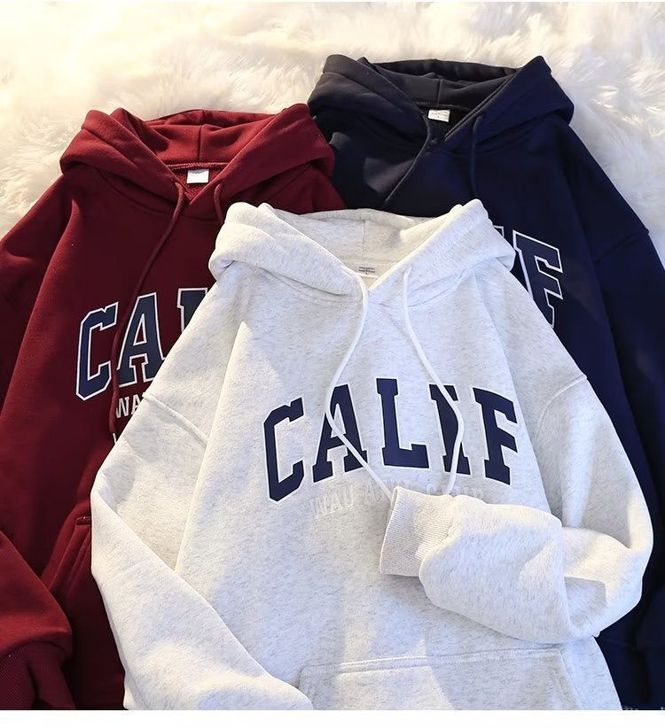 Autumn Winter Thick Fleece Hoodie Men Oversize Korean Loose Letter Sweatshirt Navy blue - Image 5