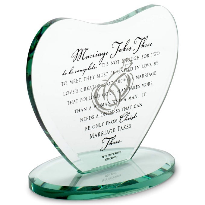 MARRIAGE TAKES THREE HEART SHAPED BLACK LETTER 7 X 75 GLASS TABLE TOP SIGN PLAQUE