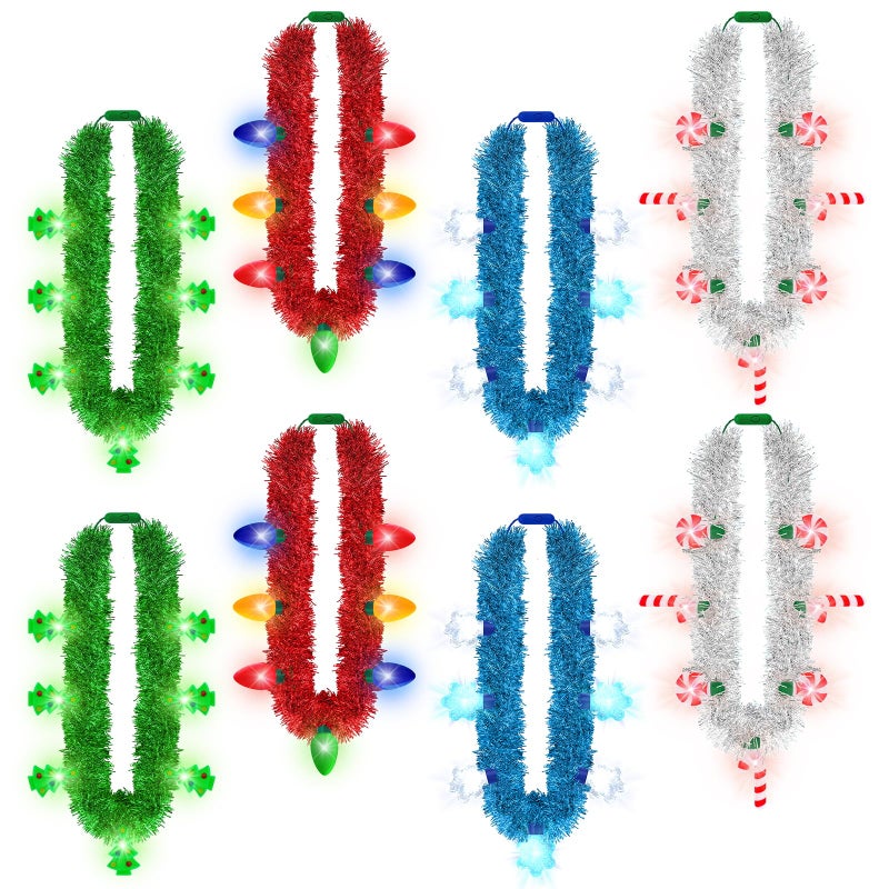 Traplace 8PCS Light up Christmas Necklace LED Christmas Accessories with 7 Bulbs 3 Modes Xmas Color Stripes Necklace Snowflakes Bell Tree Candy Cane Festive Decor for Ugly Sweater New Year Party Supplies - Image 3