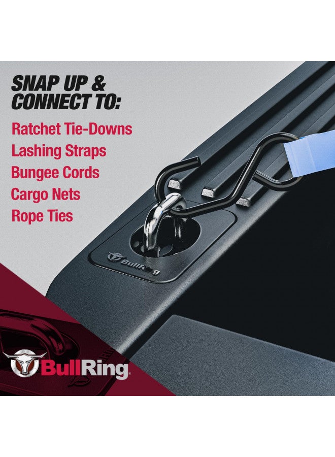 Bull Ring Bull Ring Retractable Truck Bed Tie Down Anchors for Dodge RAM 2009-24, Toyota Tundra CrewMax 2014-24, Hyundai Santa Cruz 2022-24, Rail Cap Trim Required to Install (2 Pack)  - Image 1
