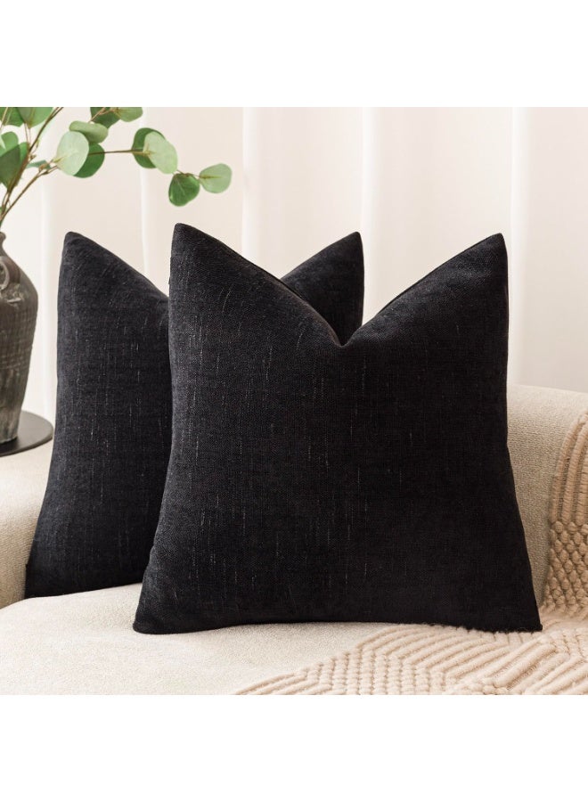 Pack of 2 Black Soft Textured Throw Decorative Pillow Covers Square Accent Solid Cushion Cover Cozy Farmhouse Pillow Case with Zipper for Couch Sofa Bedroom Living Room 45x45CM - Image 1