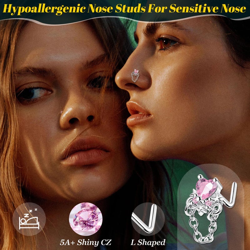 REVOLIA 20Pcs 20G Surgical Steel Dangle Nose Rings L Shaped Nose Ring Studs for Women Men CZ Heart Moon Dangling Flower Butterfly Nose Piercing Jewelry Pink - Image 5