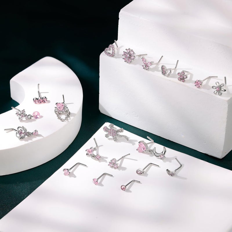 REVOLIA 20Pcs 20G Surgical Steel Dangle Nose Rings L Shaped Nose Ring Studs for Women Men CZ Heart Moon Dangling Flower Butterfly Nose Piercing Jewelry Pink - Image 2