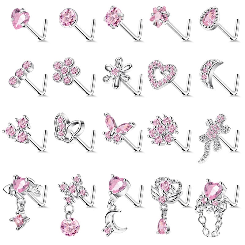 REVOLIA 20Pcs 20G Surgical Steel Dangle Nose Rings L Shaped Nose Ring Studs for Women Men CZ Heart Moon Dangling Flower Butterfly Nose Piercing Jewelry Pink - Image 1