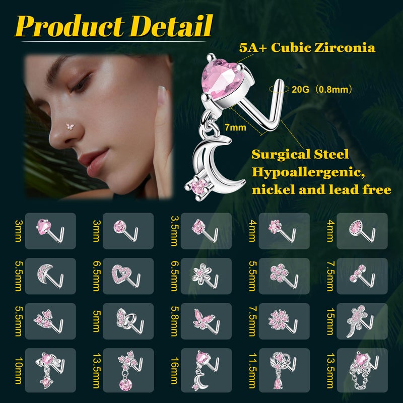 REVOLIA 20Pcs 20G Surgical Steel Dangle Nose Rings L Shaped Nose Ring Studs for Women Men CZ Heart Moon Dangling Flower Butterfly Nose Piercing Jewelry Pink - Image 3
