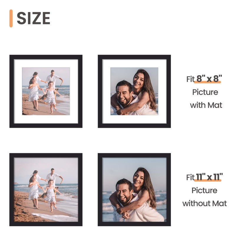 upsimples 11x11 Picture Frame, Display Pictures 8x8 with Mat or 11 x 11 Without, Wall Hanging Square Frames, Black, 1 Pack - Image 3