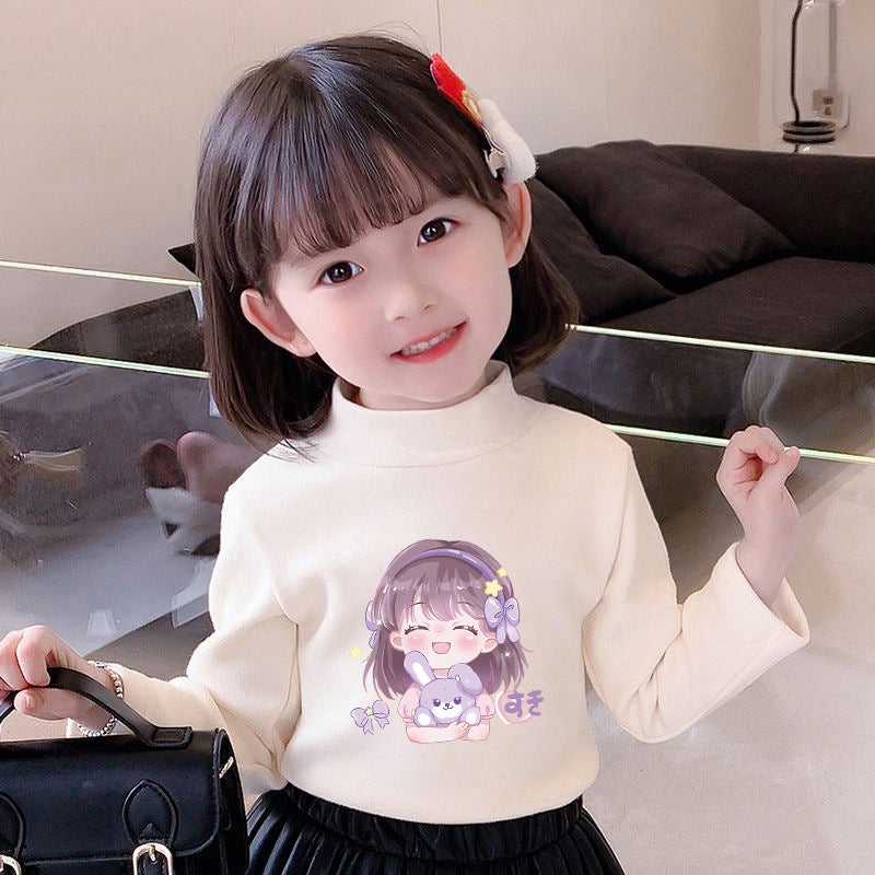 Girls' Semi-High Collar Velvet Casual Long-Sleeved T-Shirt Autumn New Arrival Medium And Large Children'S Wear Cartoon Printed Western Style Girls' Trendy T-Shirt - Image 1
