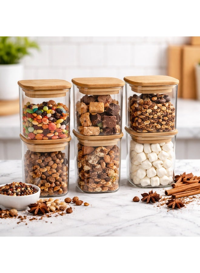 برطمانات توابل زجاجية بغطاء من الخيزران، حاويات زجاجية مربعة محكمة الغلق لتخزين السكر والملح والتوابل والأعشاب والتوابل، برطمانات مطبخ فارغة قابلة لإعادة الاستخدام مع إغلاق محكم للاستخدام في المخزن أو الخزانة، 200 مل