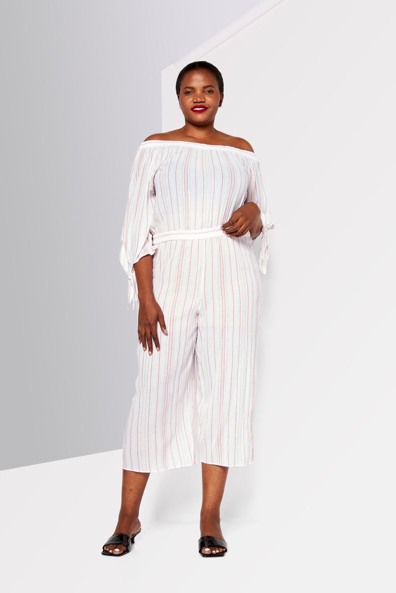 Michael Kors بدلة نسائية بلس سايز بأكتاف مكشوفة وأكمام طويلة، بيضاء - Image 1