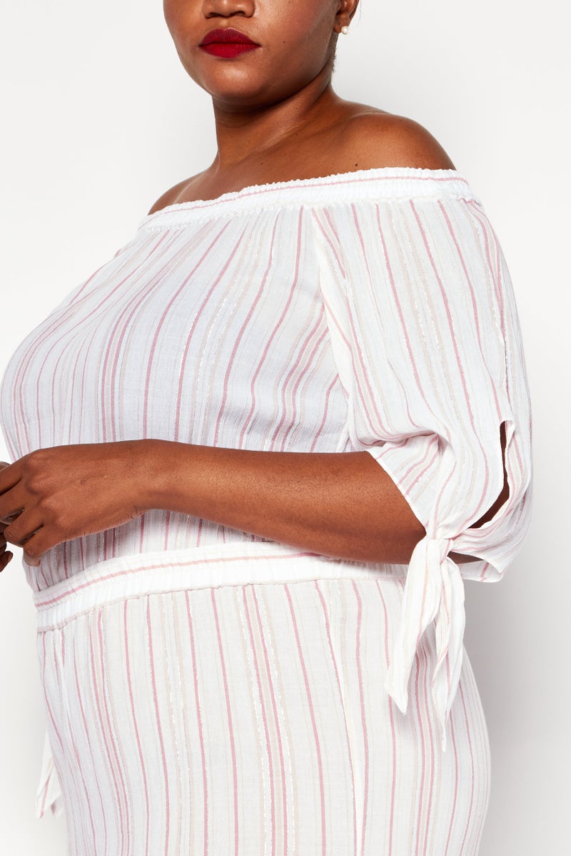 Michael Kors بدلة نسائية بلس سايز بأكتاف مكشوفة وأكمام طويلة، بيضاء - Image 3