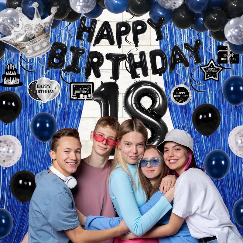 Purtarly 18th Birthday Decorations for Boys Girls, Happy 18th Birthday Decorations Boy Men, Blue Black 18 Year Old Boy Birthday Balloons Banner,Tablecloth, Fringe Curtains Hanging Swirls 18 Bday Decor for Men - Image 4