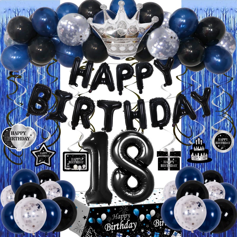 Purtarly 18th Birthday Decorations for Boys Girls, Happy 18th Birthday Decorations Boy Men, Blue Black 18 Year Old Boy Birthday Balloons Banner,Tablecloth, Fringe Curtains Hanging Swirls 18 Bday Decor for Men - Image 1