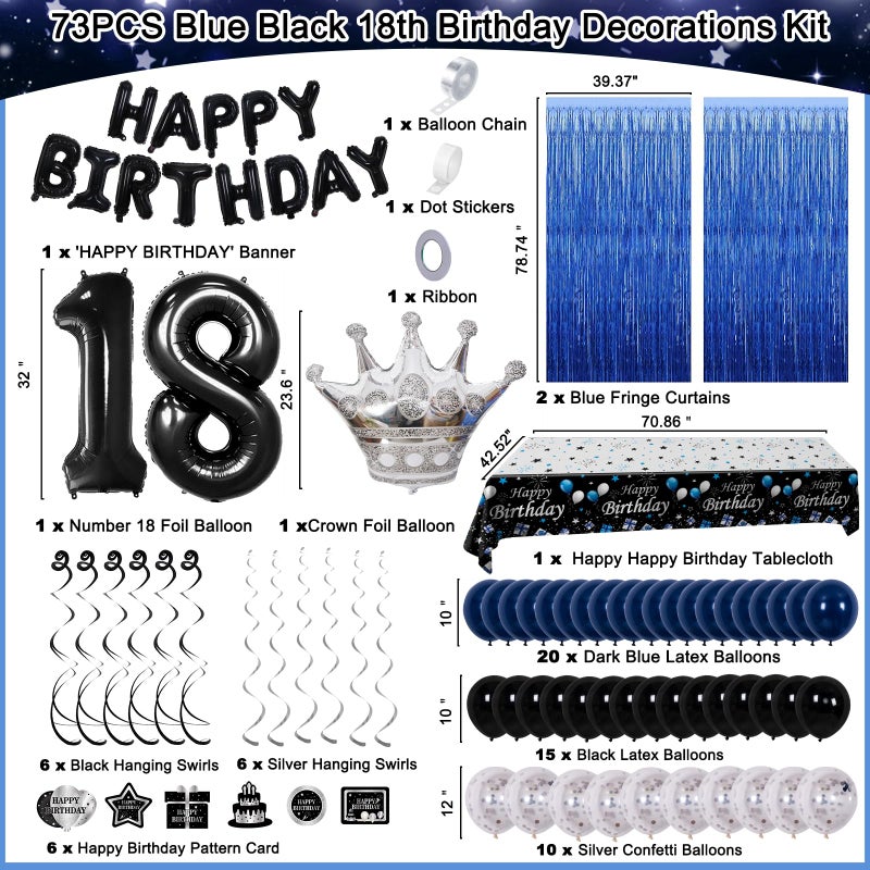Purtarly 18th Birthday Decorations for Boys Girls, Happy 18th Birthday Decorations Boy Men, Blue Black 18 Year Old Boy Birthday Balloons Banner,Tablecloth, Fringe Curtains Hanging Swirls 18 Bday Decor for Men - Image 3