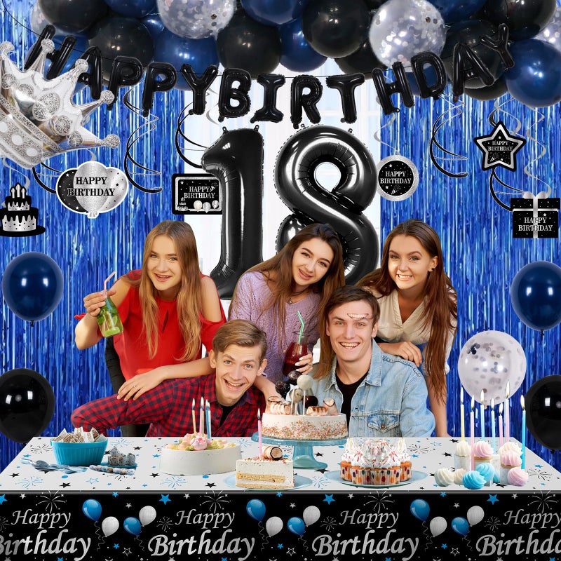 Purtarly 18th Birthday Decorations for Boys Girls, Happy 18th Birthday Decorations Boy Men, Blue Black 18 Year Old Boy Birthday Balloons Banner,Tablecloth, Fringe Curtains Hanging Swirls 18 Bday Decor for Men - Image 2