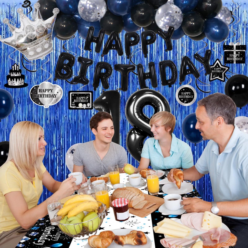 Purtarly 18th Birthday Decorations for Boys Girls, Happy 18th Birthday Decorations Boy Men, Blue Black 18 Year Old Boy Birthday Balloons Banner,Tablecloth, Fringe Curtains Hanging Swirls 18 Bday Decor for Men - Image 5