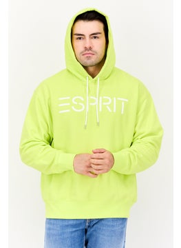 Men Hood Neck Brand Logo Long Sleeves Hoodie, Lime Green