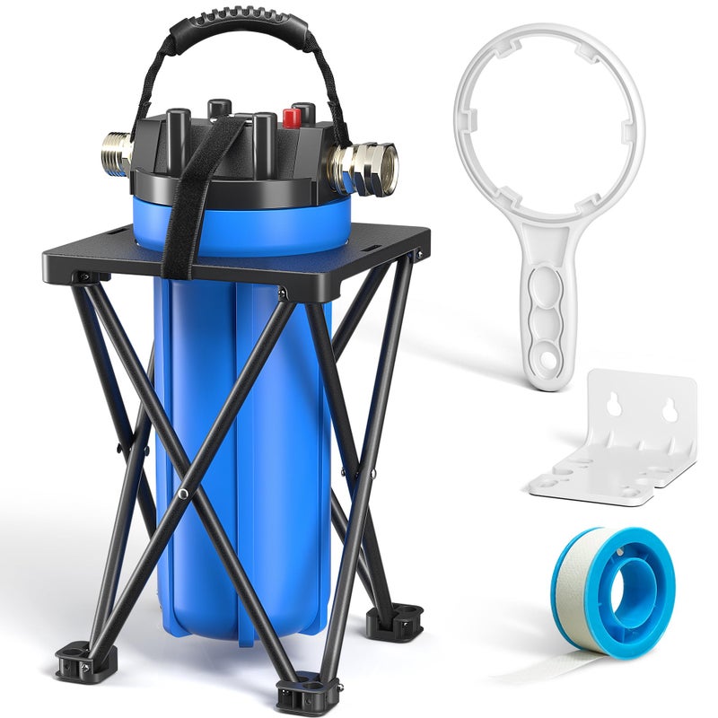 4Layer RV Water Filter with Stand and 7000 Gallons Capacity 34 GHT Metal Threads Inline Water Filter Removes Sediments Chlorine PFAS PFOS VOCs Heavy Metals Bad Taste Odor and More