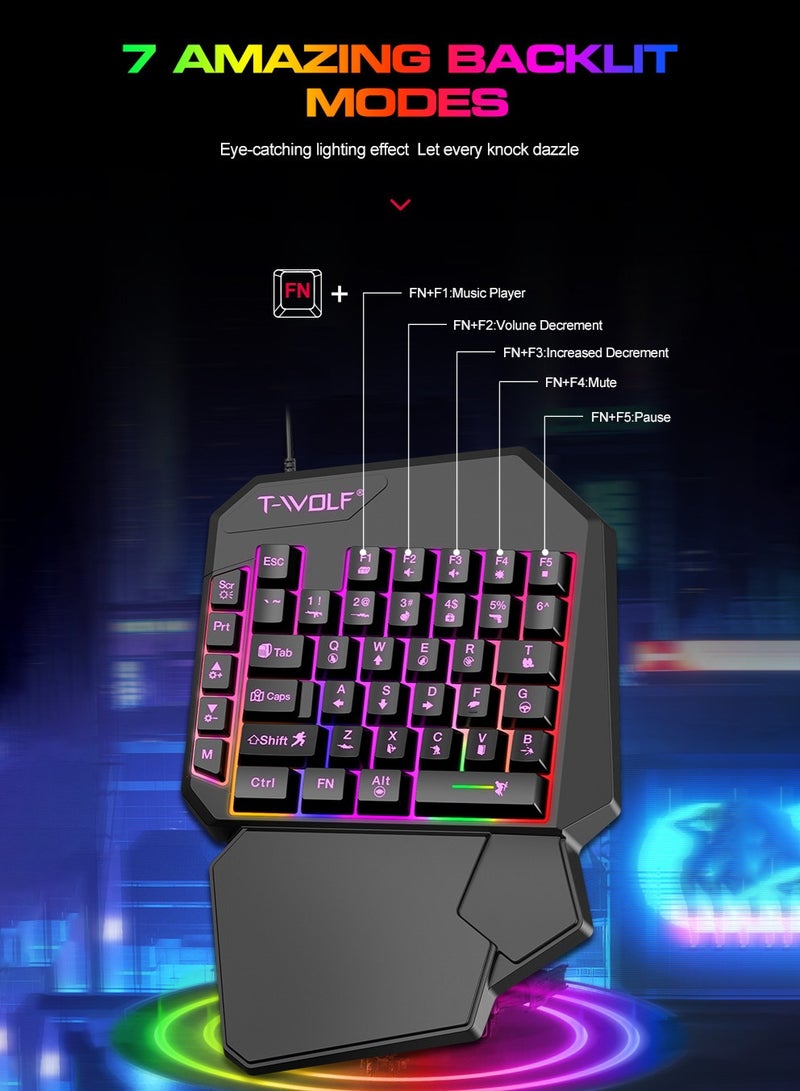 تي- وولف محول لوحة مفاتيح وماوس للألعاب 3 في 1 للهواتف المحمولة | لوحة مفاتيح ألعاب RGB بيد واحدة بـ 40 مفتاحًا + ماوس ألعاب احترافي | العب PUBG و COD و Free Fire على هاتفك بدون محاكي | طقم من 3 قطع - Image 3