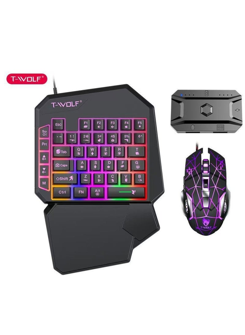 تي- وولف محول لوحة مفاتيح وماوس للألعاب 3 في 1 للهواتف المحمولة | لوحة مفاتيح ألعاب RGB بيد واحدة بـ 40 مفتاحًا + ماوس ألعاب احترافي | العب PUBG و COD و Free Fire على هاتفك بدون محاكي | طقم من 3 قطع - Image 1