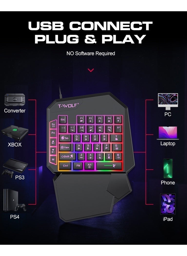 تي- وولف طقم ألعاب جوال T-WOLF ‏3 في 1 مع لوحة مفاتيح RGB بيد واحدة 40 مفتاحًا وماوس ألعاب سلكي ومحول بلوتوث، للأجهزة المدعومة بنظام Android وiOS، أسود - Image 4