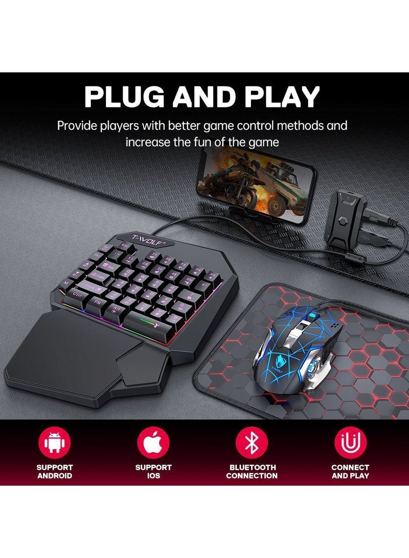 تي- وولف طقم ألعاب جوال T-WOLF ‏3 في 1 مع لوحة مفاتيح RGB بيد واحدة 40 مفتاحًا وماوس ألعاب سلكي ومحول بلوتوث، للأجهزة المدعومة بنظام Android وiOS، أسود - Image 3