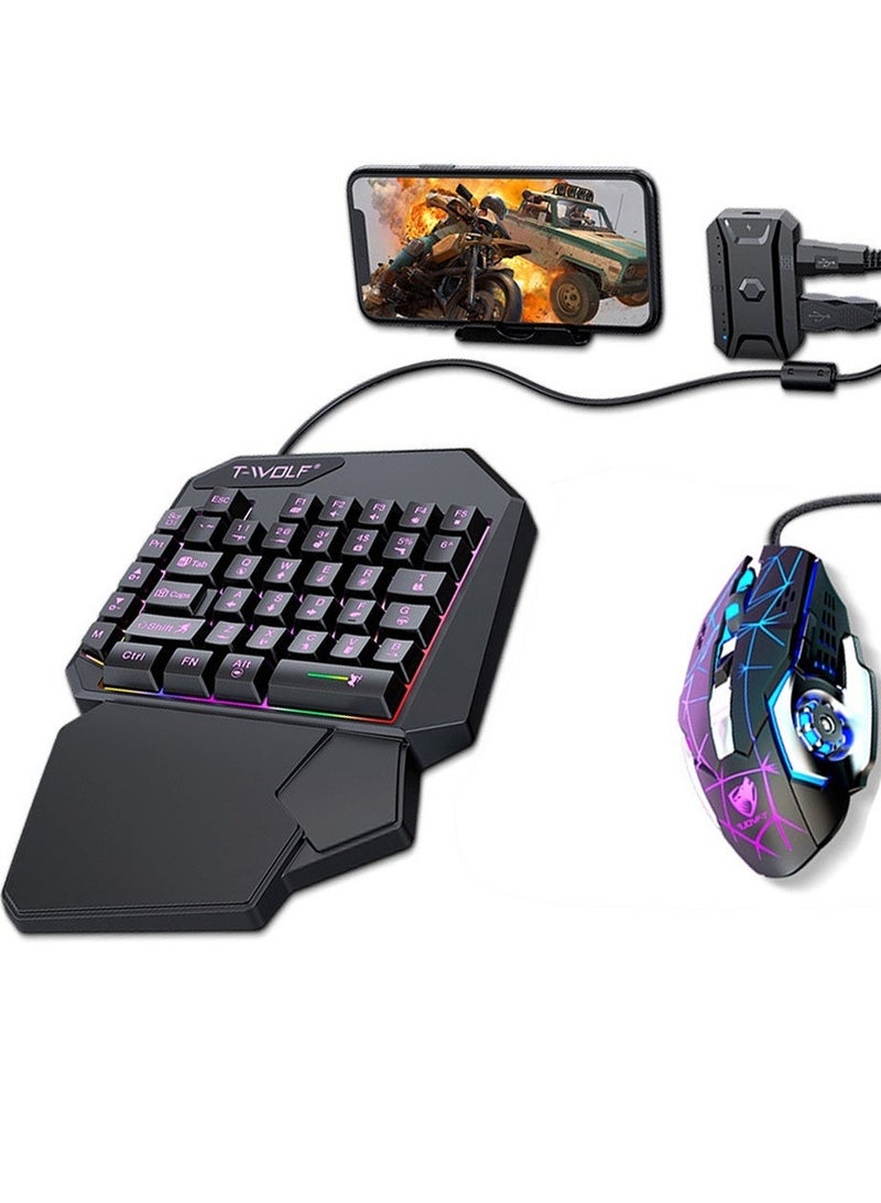 تي- وولف طقم ألعاب جوال T-WOLF ‏3 في 1 مع لوحة مفاتيح RGB بيد واحدة 40 مفتاحًا وماوس ألعاب سلكي ومحول بلوتوث، للأجهزة المدعومة بنظام Android وiOS، أسود - Image 2