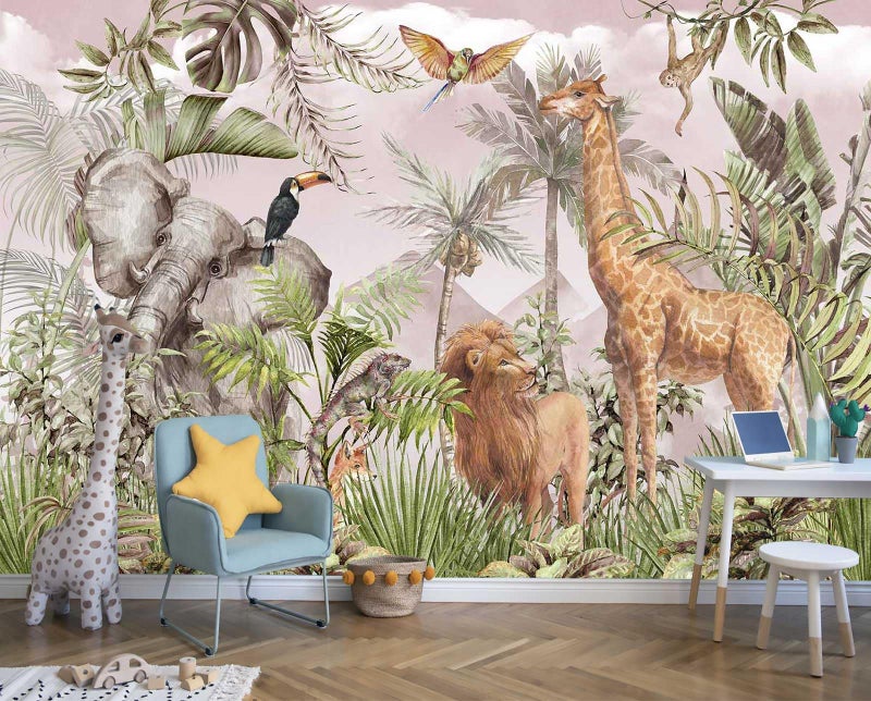 Reyhui Watercolor Paintings Tropical Jungle Animals Safari Elephants Giraffes Lions Parrots Palm Leaves HandPainted Art Wallpaper Suitable for Childrens Room Decoration MuralNot Peel and Stick - Image 2