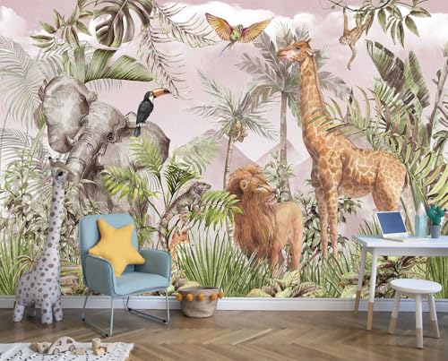 Reyhui Watercolor Paintings Tropical Jungle Animals Safari Elephants Giraffes Lions Parrots Palm Leaves HandPainted Art Wallpaper Suitable for Childrens Room Decoration MuralNot Peel and Stick - Image 1