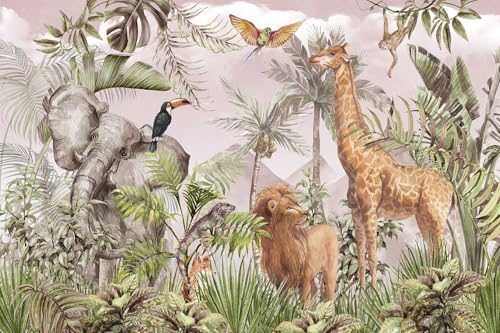 Reyhui Watercolor Paintings Tropical Jungle Animals Safari Elephants Giraffes Lions Parrots Palm Leaves HandPainted Art Wallpaper Suitable for Childrens Room Decoration MuralNot Peel and Stick - Image 3
