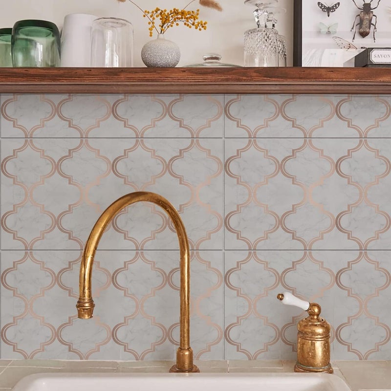 Alwayspon Vinyl Floor Wall Tile Sticker, Non-slip Sticky Back Tile Decals for Kitchen Bathroom Self-adhesive Peel and Stick PVC Floor Sticker DIY, Grey Gold Line Marble Lantern, 30cmX15cm X12Pcs Set - Image 3