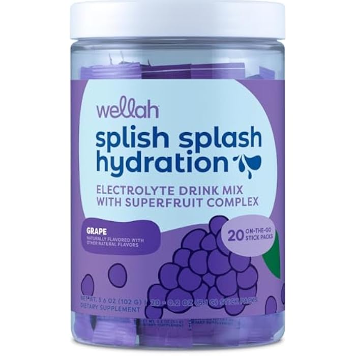 Wellah Splish Splash Hydration (Grape Flavor) 20 Stick Packs - Electrolyte Drink Mix with Superfruit Complex - Image 1