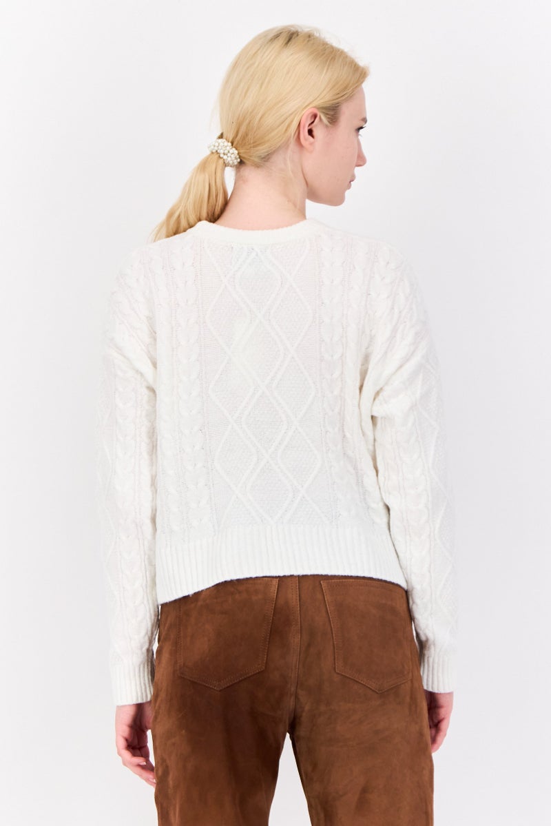 Pink Rose Women Crew Neck Textured Sweater, White - Image 3