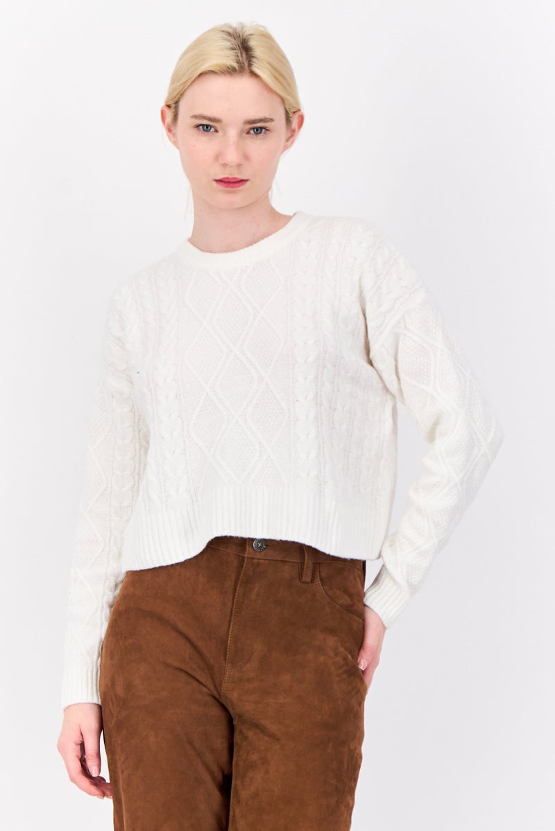 Pink Rose Women Crew Neck Textured Sweater, White - Image 1