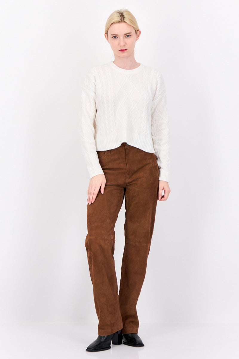 Pink Rose Women Crew Neck Textured Sweater, White - Image 4