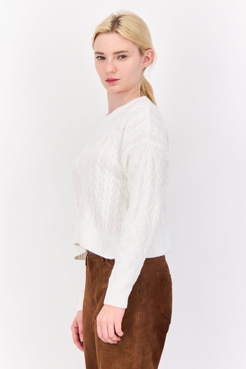 Pink Rose Women Crew Neck Textured Sweater, White - Image 2