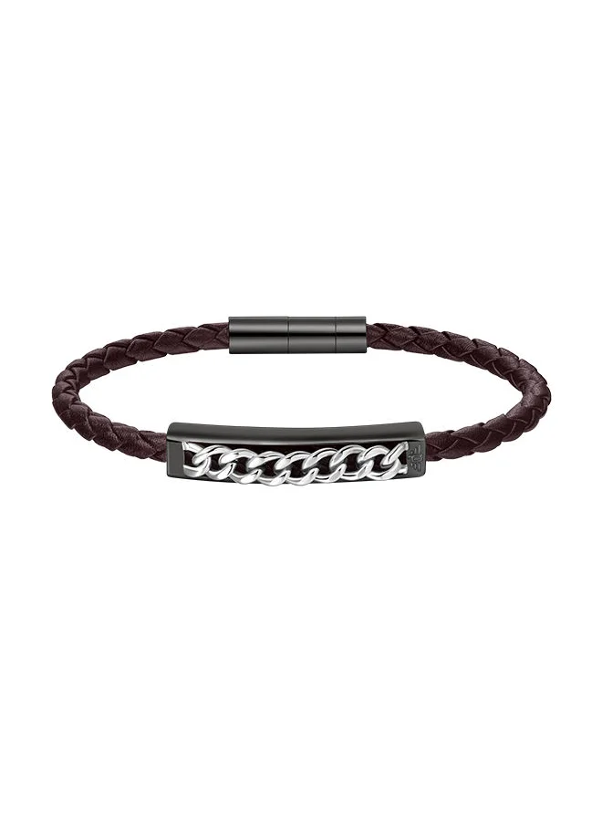 بوليس Police Fetter Brown Leather With Grey Motif Gents Bracelet - PEAGB0005232