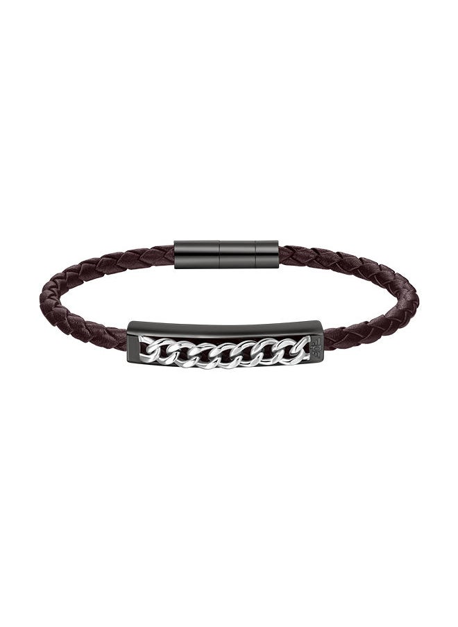 POLICE - Fetter Brown Leather With Grey Motif Gents BraceletPEAGB0005232 - Image 1