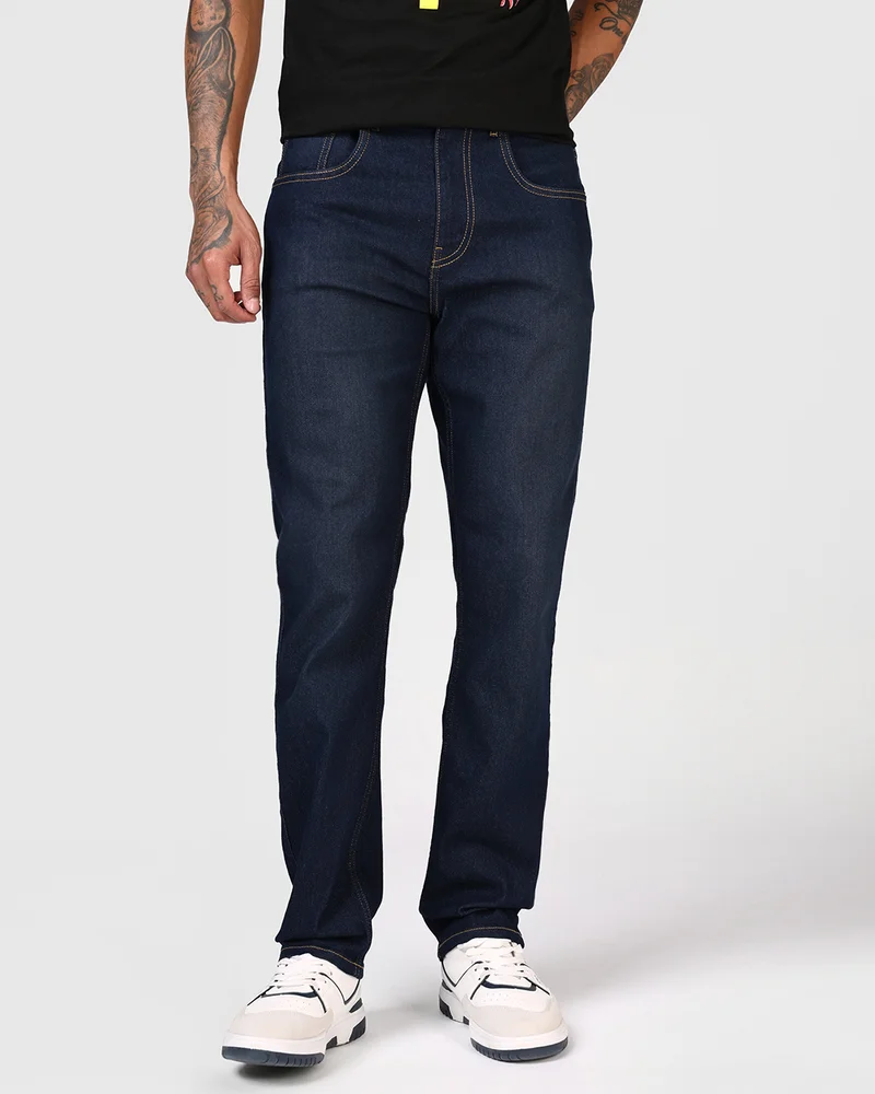bewakoof Men's Dark Blue Slim Straight Fit Stretchable Mid-Rise Jeans