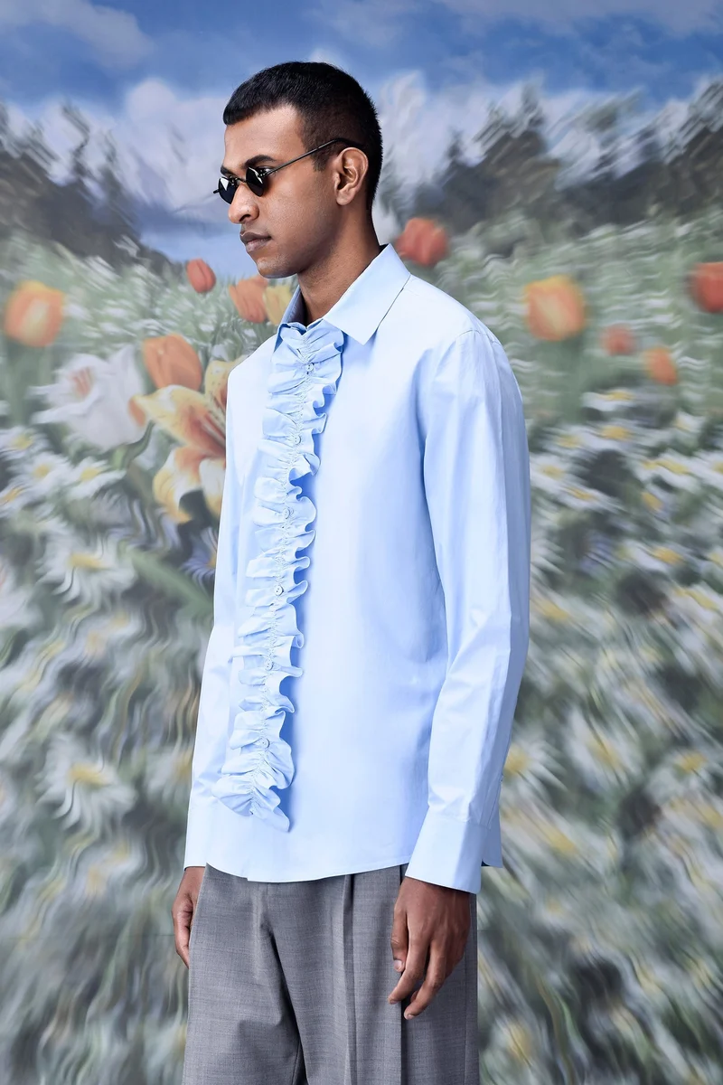 Genes Lecoanet Hemant Detachable Ruffle Placket Regular Fit Shirt -Light Blue