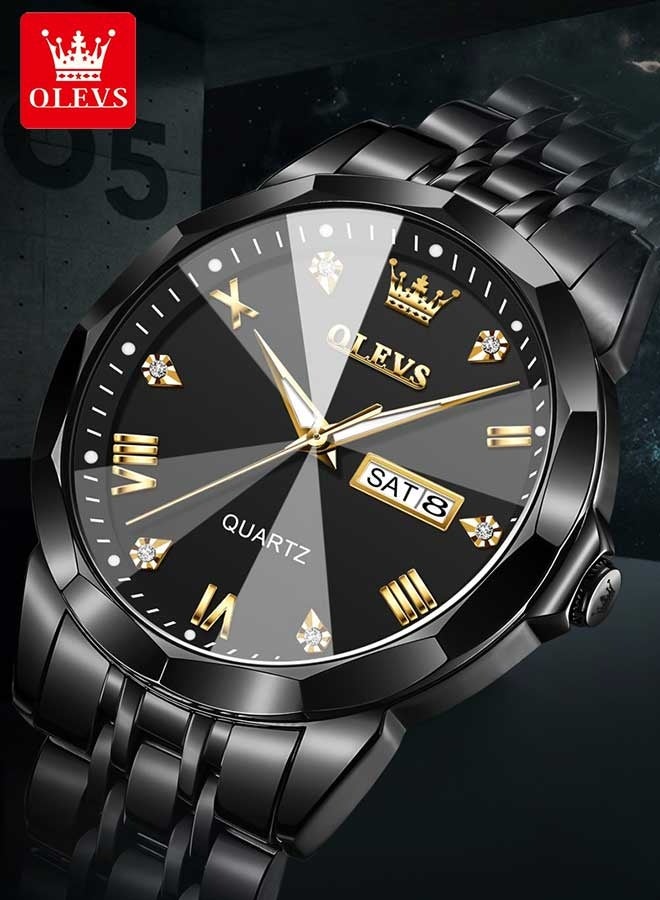أوليفز ساعة كوارتز رجالية فاخرة للأعمال، مزودة بتقويم مزدوج ومينا مرصع بالألماس، مقاومة للماء، وحزام من الفولاذ المقاوم للصدأ. - Image 1