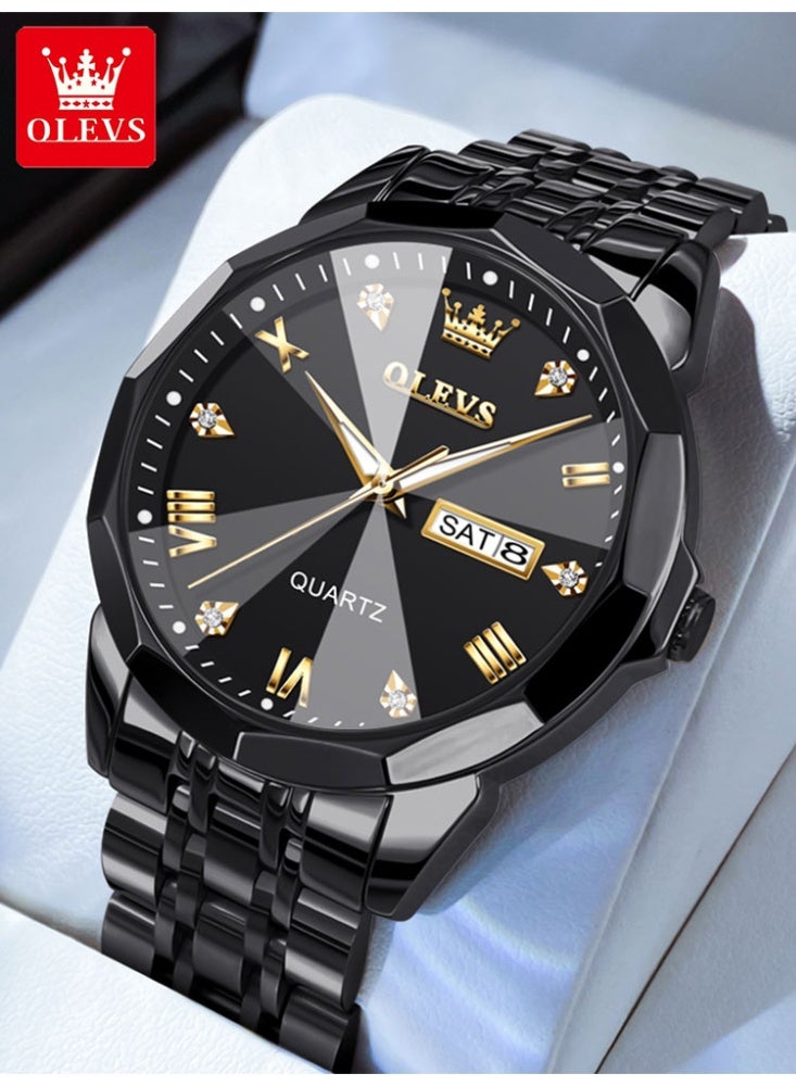 أوليفز ساعة كوارتز رجالية فاخرة للأعمال، مزودة بتقويم مزدوج ومينا مرصع بالألماس، مقاومة للماء، وحزام من الفولاذ المقاوم للصدأ. - Image 2