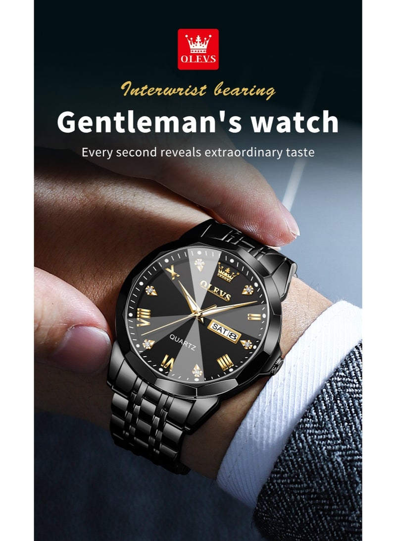 أوليفز ساعة كوارتز رجالية فاخرة للأعمال، مزودة بتقويم مزدوج ومينا مرصع بالألماس، مقاومة للماء، وحزام من الفولاذ المقاوم للصدأ. - Image 3