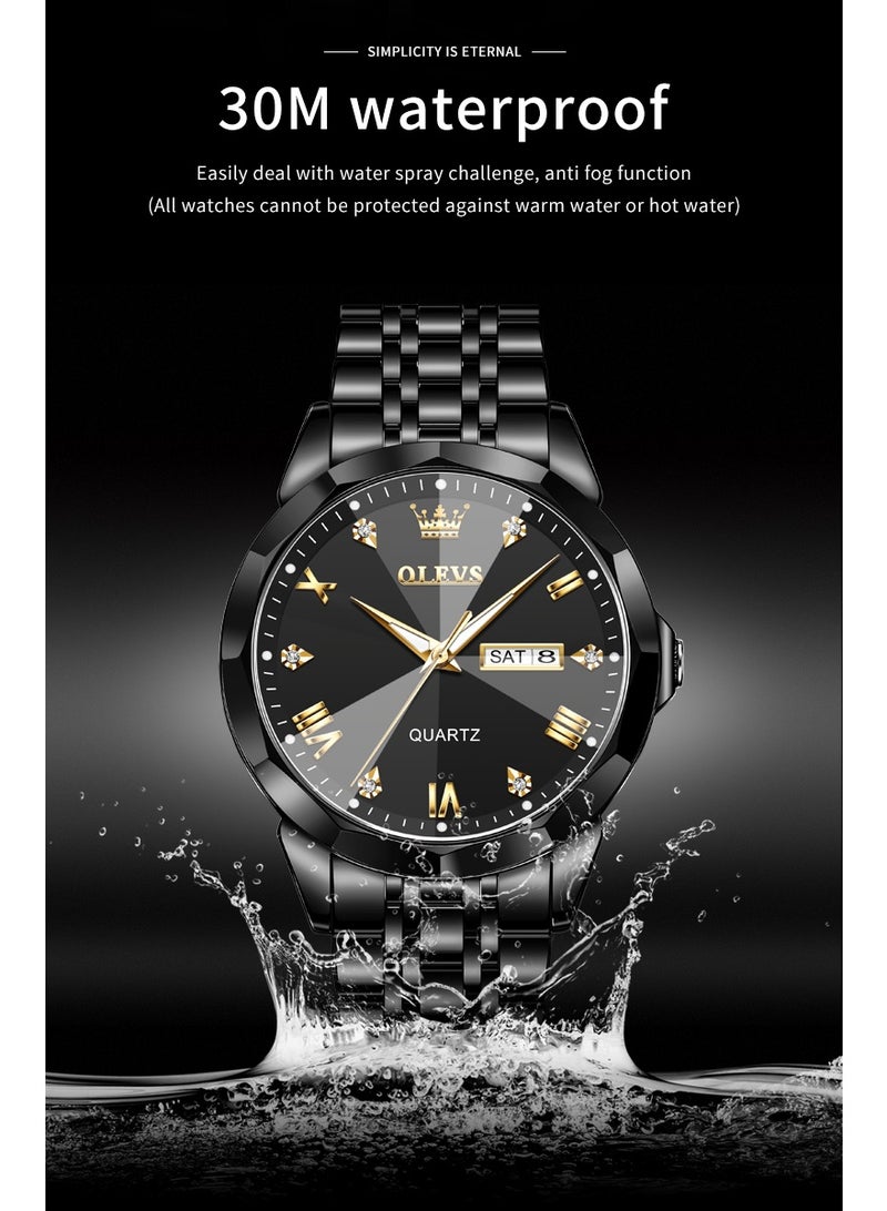أوليفز ساعة كوارتز رجالية فاخرة للأعمال، مزودة بتقويم مزدوج ومينا مرصع بالألماس، مقاومة للماء، وحزام من الفولاذ المقاوم للصدأ. - Image 5