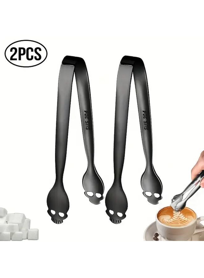 2pcs Black 304 Stainless Steel Skull Sugar Ice Cube Tongs For Home Cafe Party - Image 1