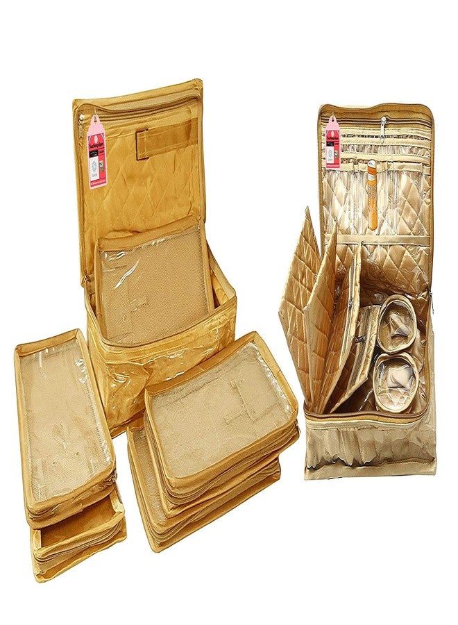 LUCES®Combo Satin Makeup Pouches Vanity Jewellery Traveling Organizer Storage Box Jhumka Earrings Cosmetic Necklace and Carry it Along Anywhere Easily for Women's (Golden) - Image 1