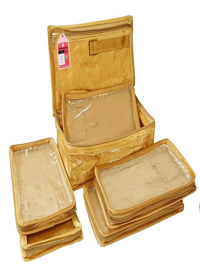LUCES®Combo Satin Makeup Pouches Vanity Jewellery Traveling Organizer Storage Box Jhumka Earrings Cosmetic Necklace and Carry it Along Anywhere Easily for Women's (Golden) - Image 3