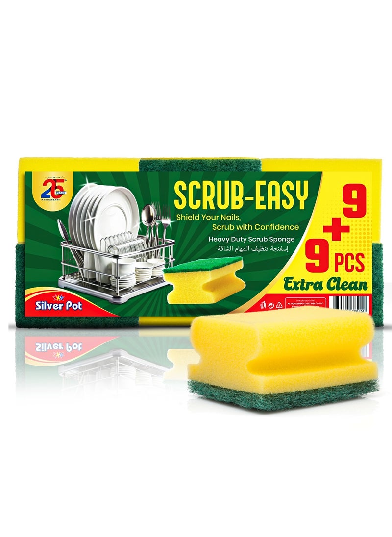 Silver Pot Kitchen Sponge & Scourer – Pack of 18 (9+9), 9cm Dual-Purpose Cleaning Sponge for Pots, Pans, Kitchen Utensils, and Delicate Surfaces  - Image 1
