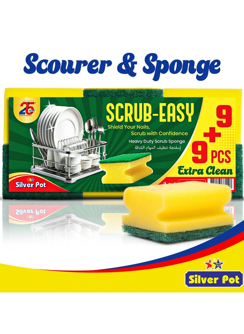 Silver Pot Kitchen Sponge & Scourer – Pack of 18 (9+9), 9cm Dual-Purpose Cleaning Sponge for Pots, Pans, Kitchen Utensils, and Delicate Surfaces  - Image 2