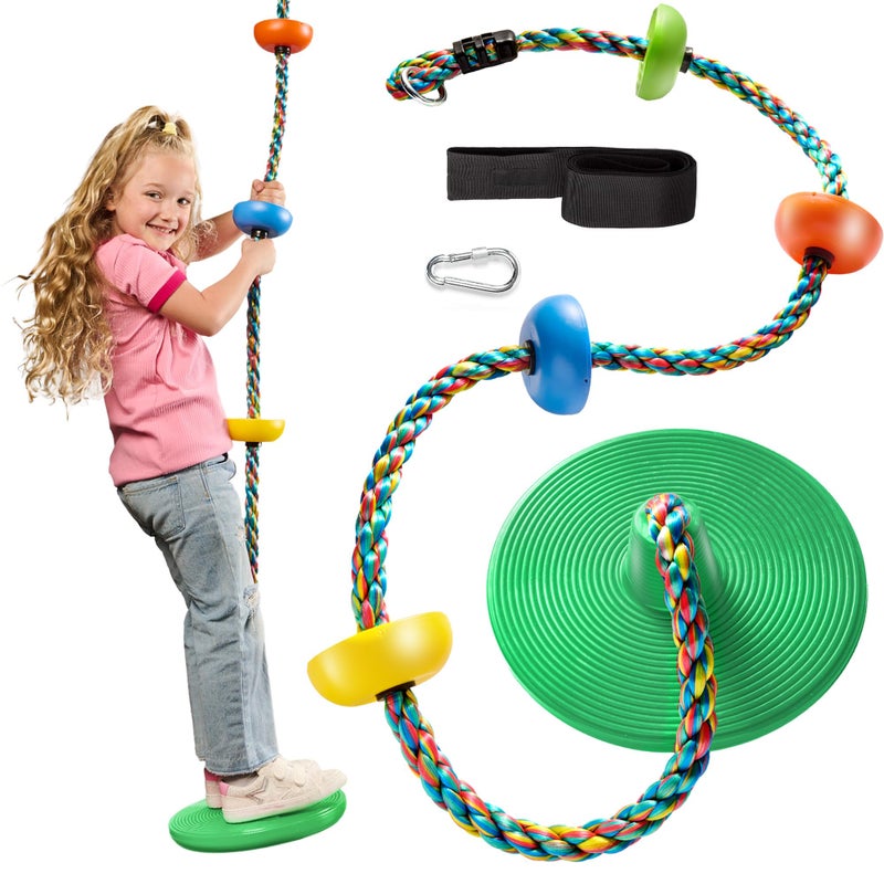 Jungle Gym Kingdom Tree Swing for Kids  Single Disc Seat and Rainbow Climbing Rope Set wCarabiner and 26 Foot Strap  Treehouse and Outdoor Playground Accessories  Green - Image 2